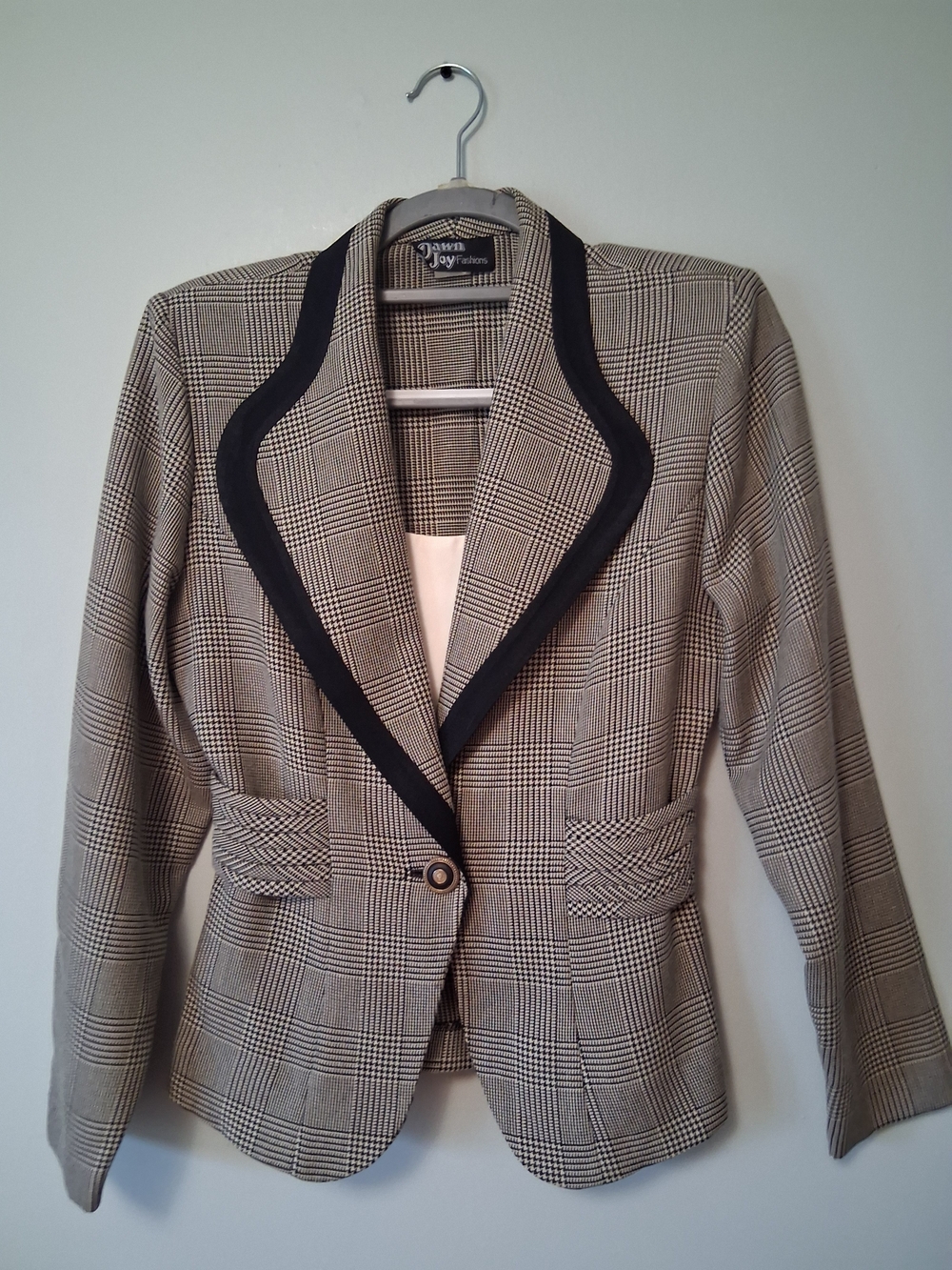 Vintage Dawn Joy Glen Plaid Fitted Blazer with Black Trim Size 6